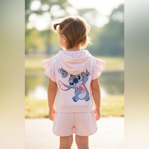 Disney Stitch Girls 2PC Outfit Set Pink Hooded Flutter Sleeve Top Shorts 4T NEW